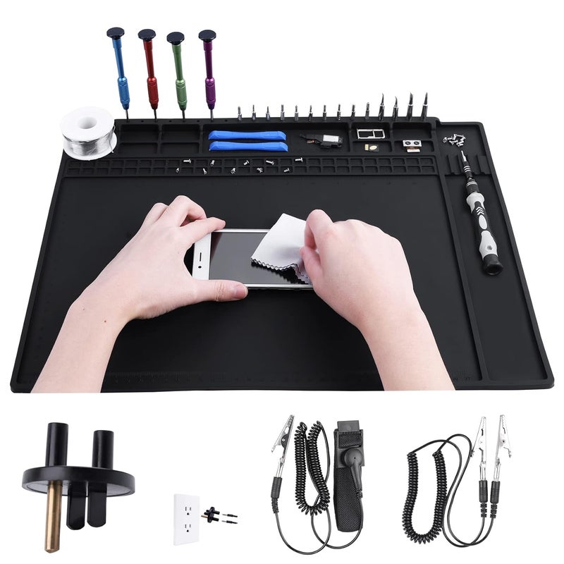 HPFIX Anti Static Mat Includes ESD Wristband and Grounding Wire and Grounding Plug for Electronics Repair, Premium Heat Resistant ESD Safe Soldering Mat (17.7" x 13.6") - Image 1